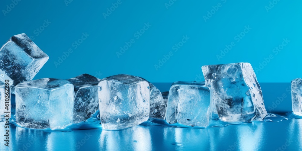 Fototapeta premium Ice cubes on a blue background, side view. Generative AI