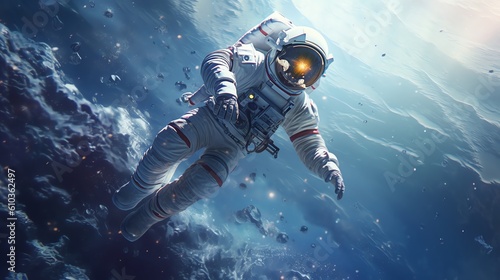 Astronaut floating on a space background, illustration for product presentation template, copy space wallpaper. Ai generative