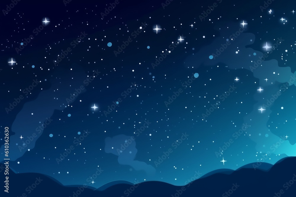 Naklejka premium Night blue landscape with silhouette mountains and trees and stars on the sky. Generative AI