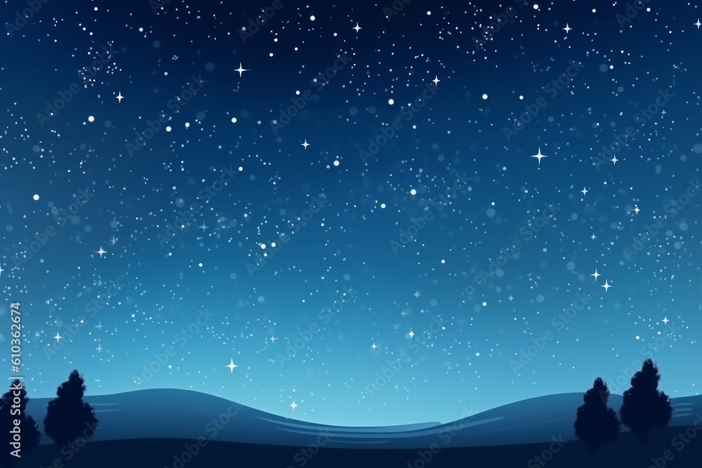 Night blue landscape with silhouette mountains and trees and stars on the sky. Generative AI Night blue landscape with silhouette mountains and trees and stars on the sky. Generative AI