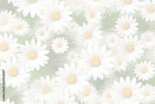 Floral pattern made of white chamomile daisy flowers on white background. Flat lay  top view. Daisy background. Generative AI