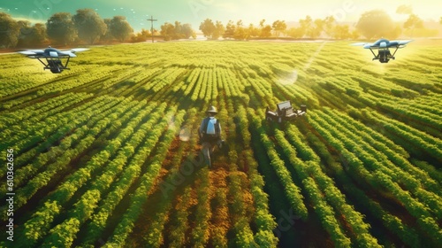 Drone flies over agricultural fields by Generative AI