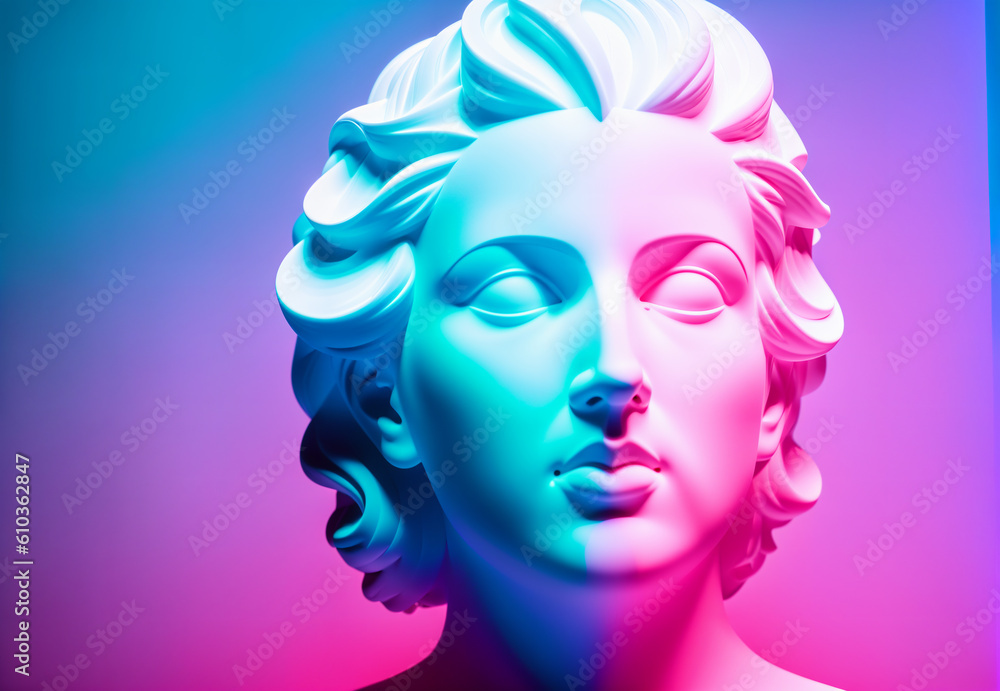 Ancient classical greek statue female head neon red and blue light. Generative AI Ancient classical greek statue female head neon red and blue light. Generative AI