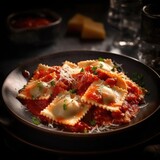 Ravioli: Stuffed pasta pockets filled with various ingredients like cheese, meat, or vegetables, served with sauce.