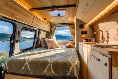 Interior of a campervan overlooking the lake and mountains at sunset Generative AI Illustration