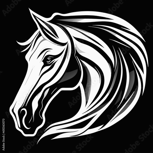 Horse head with long mane on black background. Vector illustration.