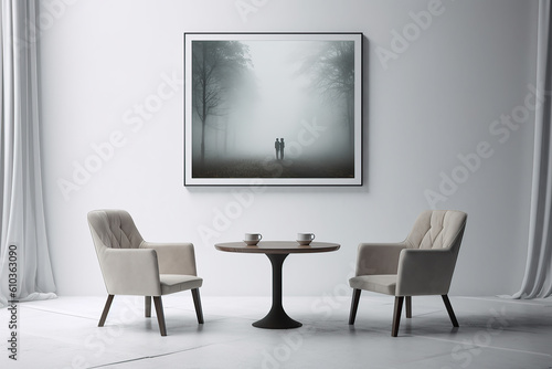 A table in front of a wall with a frame on it. Minimalistic interior design composition. Generative AI © JuanM
