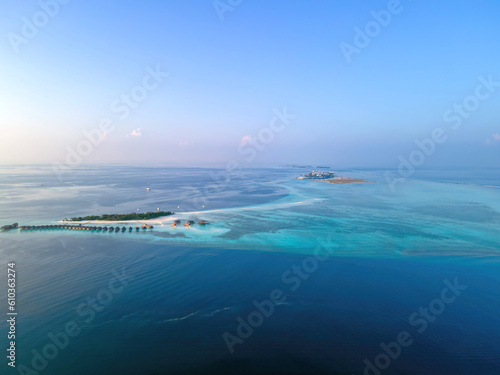 An aerial view of Makunufushi (front) and Maafushi (back) islands, Maldives