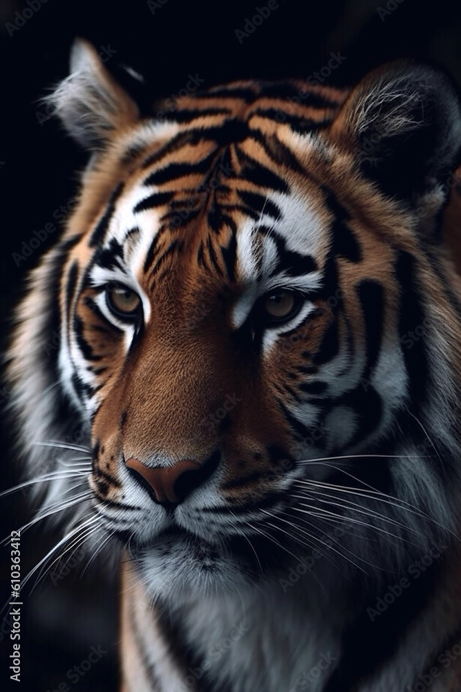 Beautiful bengal tiger on black background. Generative AI