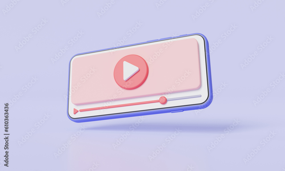 Cartoon minimal online mobile video player on purple background. Video streaming, Live digital stream multimedia player, Online video, Social media. Video media concept. 3d icon render illustration Cartoon minimal online mobile video player on purple background. Video streaming, Live digital stream multimedia player, Online video, Social media. Video media concept. 3d icon render illustration