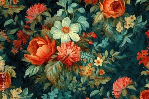 Vintage Floral Illustration Showcasing a Symphony of Vibrant Colors and Intricate Details © Igor