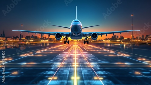 Airplane taking off from airport runway background, illustration for product presentation template, copy space. Ai generative