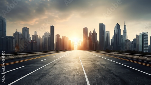 Straight asphalt road and modern city skyline with building background  illustration for product presentation template  copy space. Ai generative