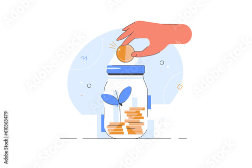 Collect money in glass jar banking cash deposit vector illustration. Hand put coin. Collect golden coins into huge glass jar. Make savings, collecting money in account, open bank.