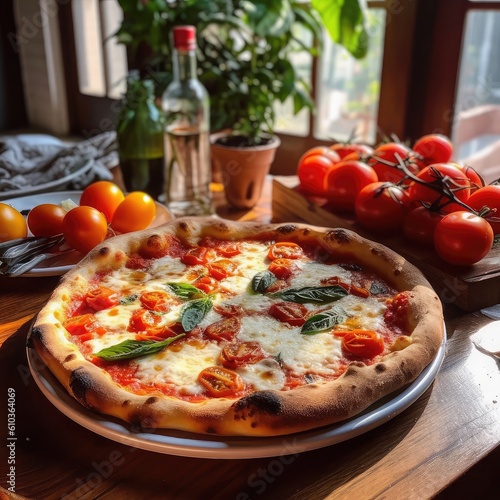 Hot pizza, Margherita pizza is a classic Italian pizza that consists of a thin crust topped with tomato sauce, mozzarella cheese, and fresh basil leaves.