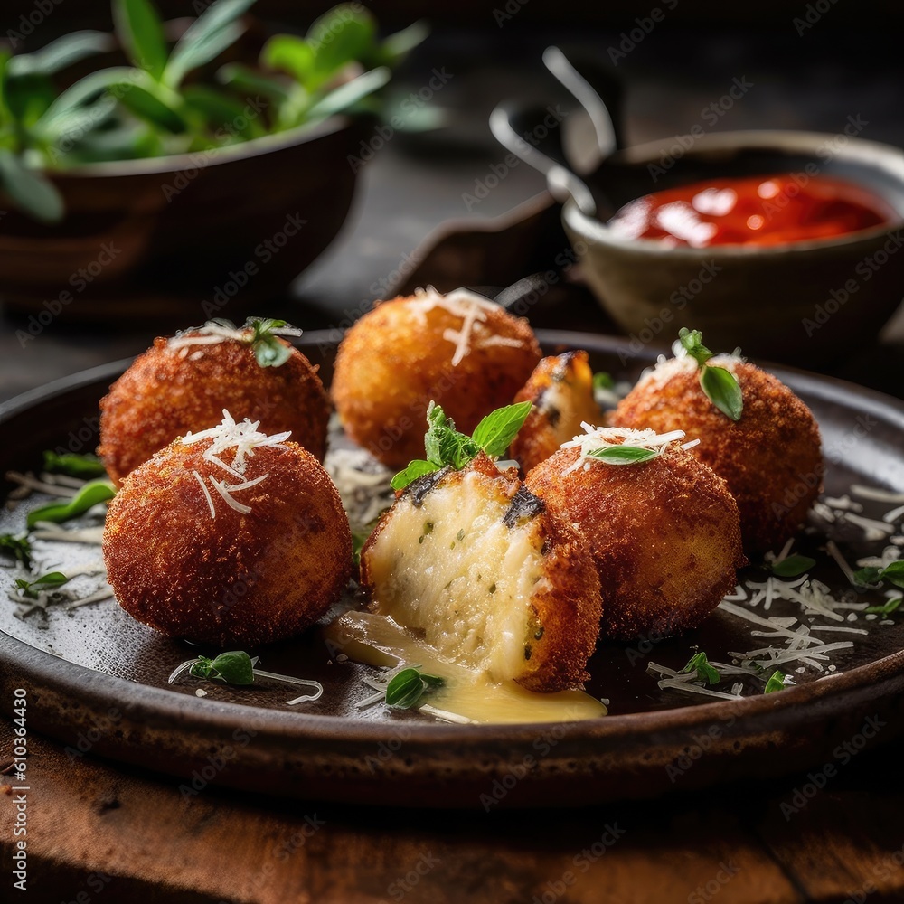 Crispy arancini - balls of rice and cheese, in a crispy shell and sauce.
