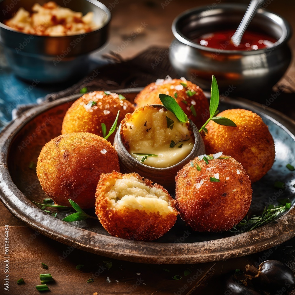 Crispy arancini - balls of rice and cheese, in a crispy shell and sauce. Crispy arancini - balls of rice and cheese, in a crispy shell and sauce.