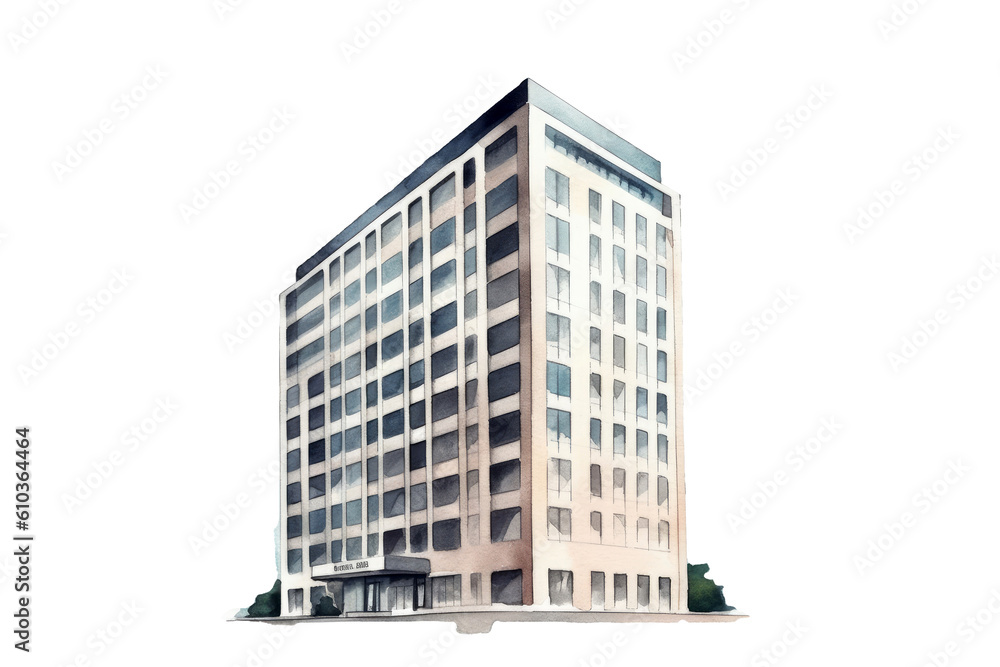 Watercolor modern building architecture city skyscraper isolated on clear png background, architecture office work, business building, with Generative Ai.