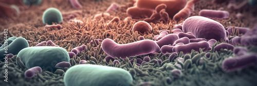 Fotografija Close up on gut microbe field with different bacteria, banner, generative AI