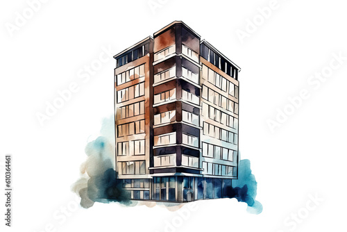 Watercolor modern building architecture city skyscraper isolated on clear png background, architecture office work, business building, with Generative Ai.