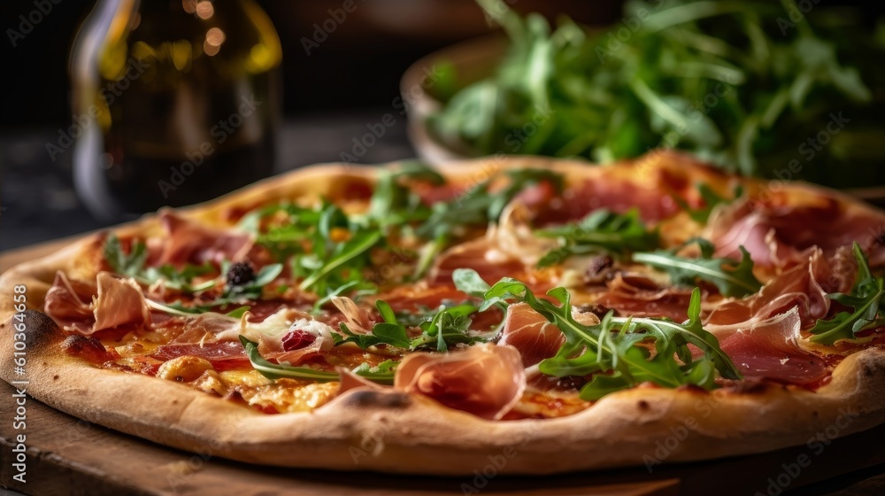 an arugula and prosciutto pizza, fresh out of the oven an arugula and prosciutto pizza, fresh out of the oven