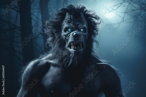 A portrait of scary, hairy Werewolf growling in the moonlight over a full moon shining on a dark scary mystery foggy forest with a gothic house under the moon. Generative AI Technology