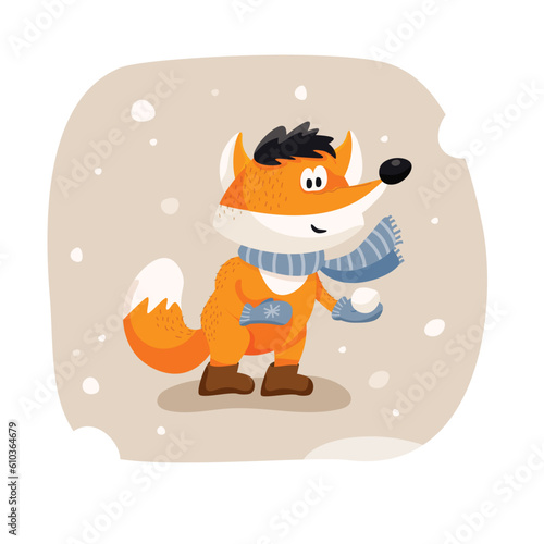 Cute full-length fox in a winter scarf and boots holding a snowball in his paws. Vector funny animal isolated on white background