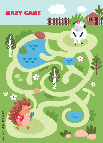 Children s game labyrinth. Help the hedgehog get to the sheep and give her a gift. Maze game for kid s