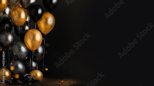 Gold and black balloons on black background with glitter. Background with negative space for celebration, black friday and new year.