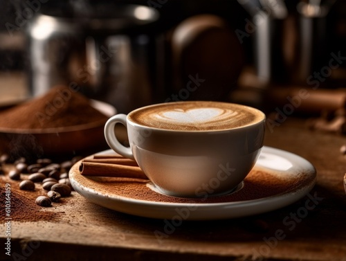 textured espresso powder on a wooden surface with a coffee cup and saucer in the background