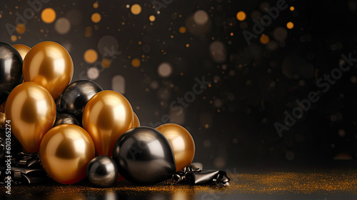 Gold and black balloons on black background with glitter. Background with negative space for celebration, black friday and new year.