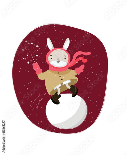 cute bunny in a winter coat, mittens, and boots rides on a big snow globe. And he's holding a Bengal fire in his hands. Vector illustration
