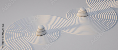 3d japanese garden stone balance on sunset light background. 3d zen concept for product presentation. 3d rendering illustration.