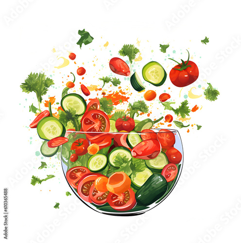 Glass salad bowl in flight with vegetables: tomatoes, peppers, cucumbers, onions, dill and parsley.