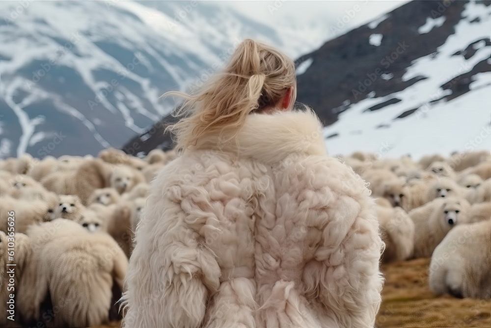 rear view. of a girl in an artificial fur coat against the background of animals in a meadow. the concept of animal protection. Generative AI rear view. of a girl in an artificial fur coat against the background of animals in a meadow. the concept of animal protection. Generative AI