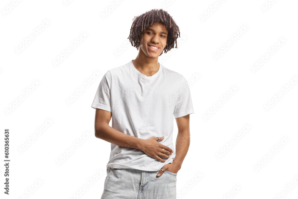 Portrait of a young african american male model wearing jeans and white t-shirt Portrait of a young african american male model wearing jeans and white t-shirt