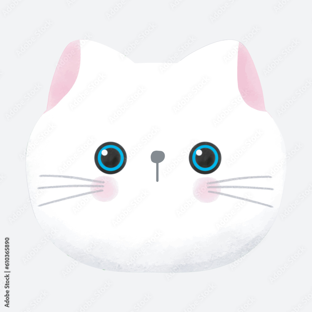 Fototapeta premium Cute white cat head watercolor style vector illustration on white background