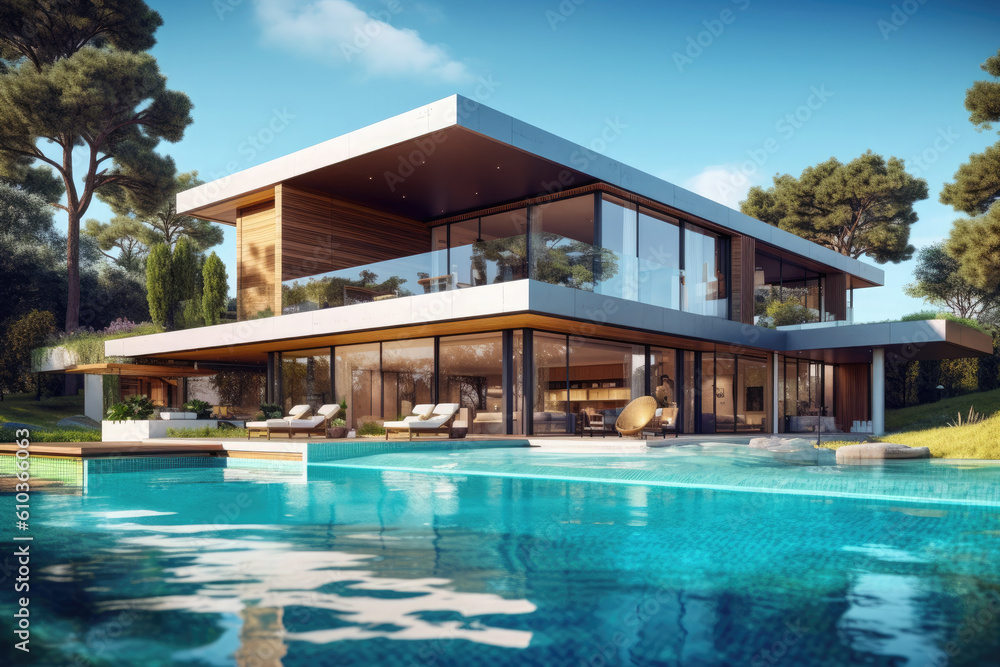 Modern rectangular multi-storey villa with swimming pool. Ai generative
