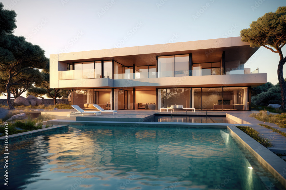 Fototapeta premium Modern rectangular multi-storey villa with swimming pool. Ai generative