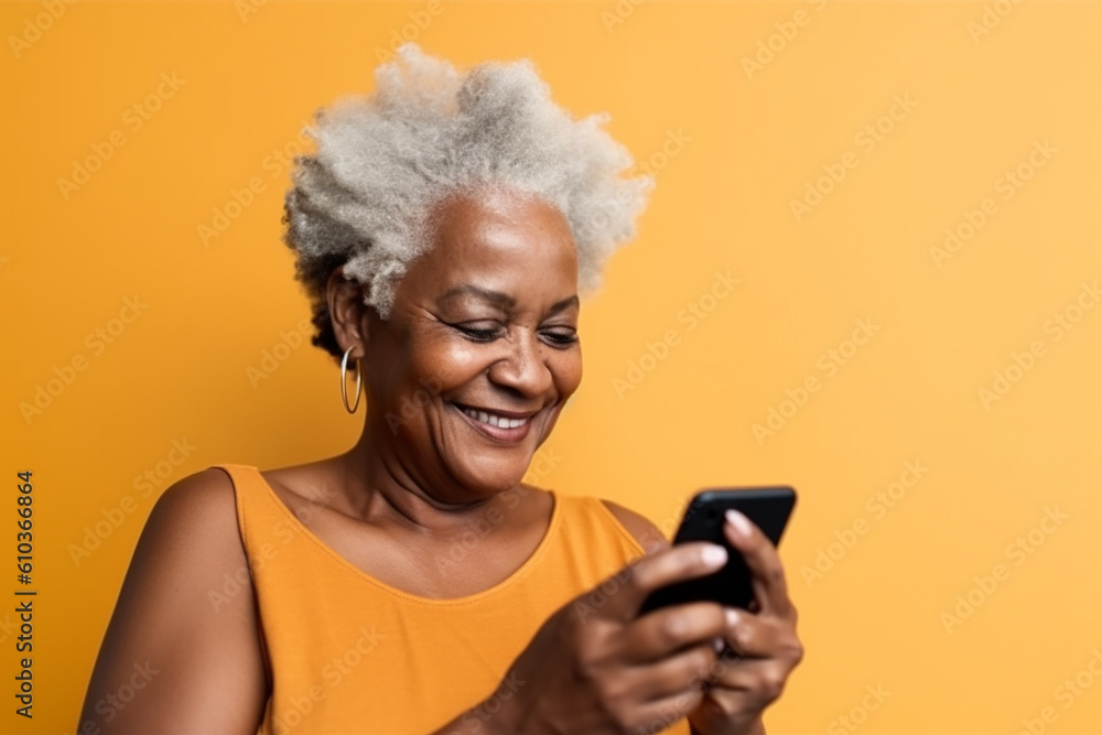 Afro-american senior woman with a mobile phone on the yellow background. Generative AI Afro-american senior woman with a mobile phone on the yellow background. Generative AI
