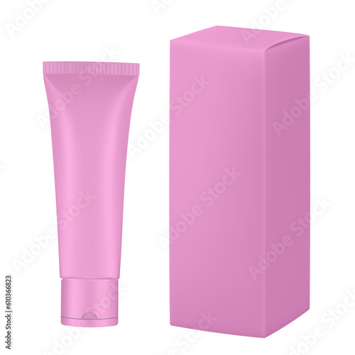 Set of light pink plastic tube and box. Realistic mockup. Ointment or salve. Gel serum. Korean packaging. Blank cardboard package