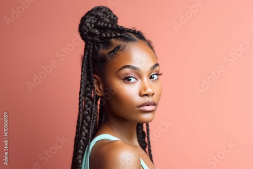 Pretty young afro-american woman with braids on the coral color background. Generative AI photo