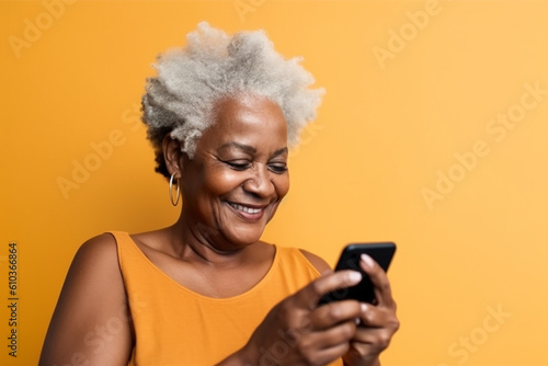 Afro-american senior woman with a mobile phone on the yellow background. Generative AI
