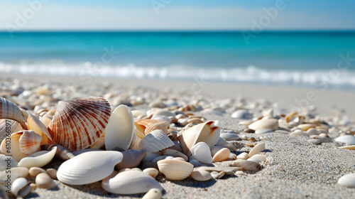 Seashells closeup on a seaside, sea background. Generative AI