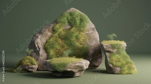 Rock with green moss and grass on a dark background, podim rock for product presentation, mockup. Generative AI.