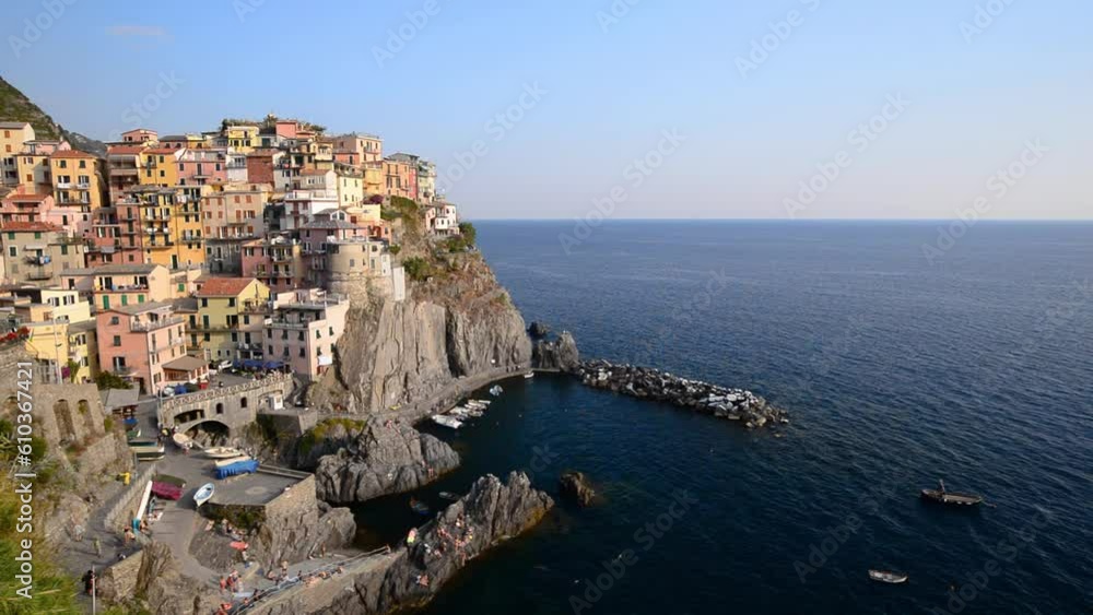 Manalora Italy, city skyline at Cinque Terre with Mediterranean Sea Manalora Italy, city skyline at Cinque Terre with Mediterranean Sea