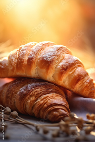 eatery cup morning background drink food bakery table bokeh croissant background breakfast. Generative AI.