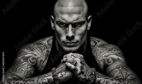 attractive man with tattoos and intimidating look. Man tattooed and looking badass in black background. Generative Ai
