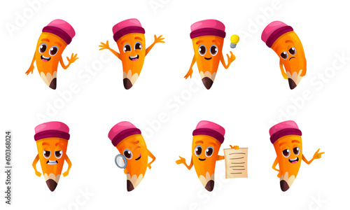 Set of сute pencil character in different poses. Personages with eyes, hands, expression.School supplies, education stationery mascot emoticon.Funny educational stuff face emoji.Back to school vector