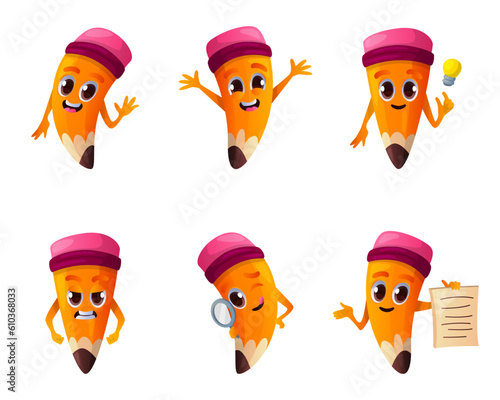 Set of сute pencil character in different poses. Personages with eyes, hands, expression.School supplies, education stationery mascot emoticon.Funny educational stuff face emoji.Back to school vector